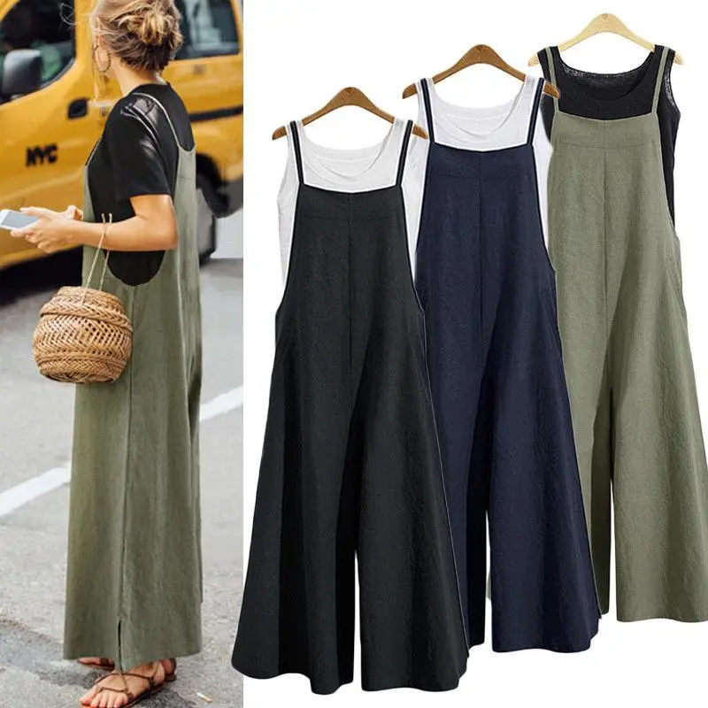 Women Spring Summer Casual Loose Solid Tank Jumpsuit Long Suspender Overalls Rompers