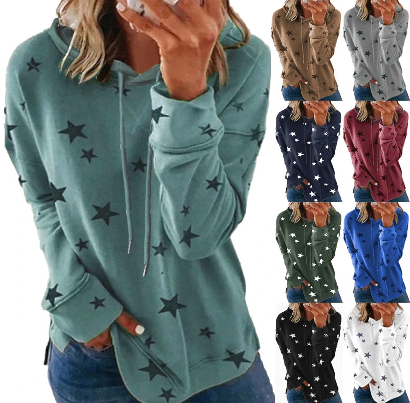 Fashion Womens Loose Round Neck Star Print Long Sleeve Zipper Pullover Sweater