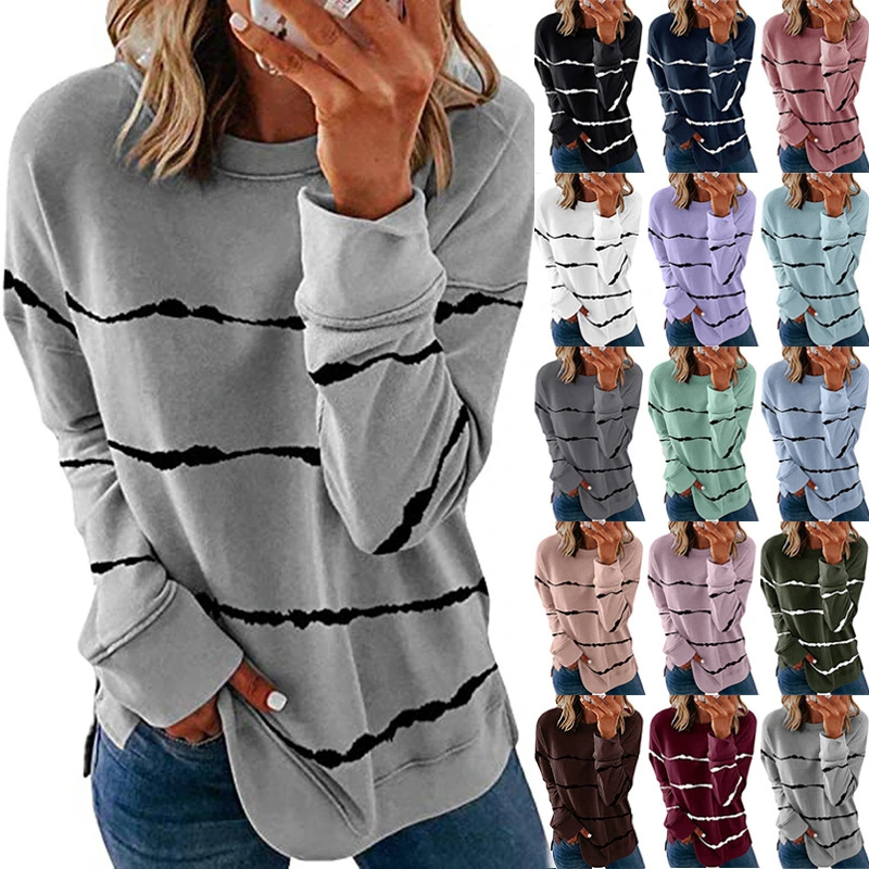 Women's Clothes 2020 Autumn and Winter Women's Clothing Tie-dye Printed Striped Round Neck Loose Long-sleeved T-shirt Blouse BKus Size Casual Shirt S-5XL