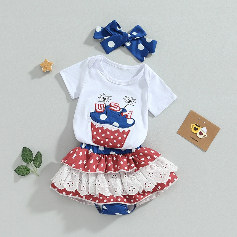 Baby Girls Shorts Set, Stars Print Short Sleeve Romper with Elastic Waist Shorts and Hairband Summer Outfit for Independence Day