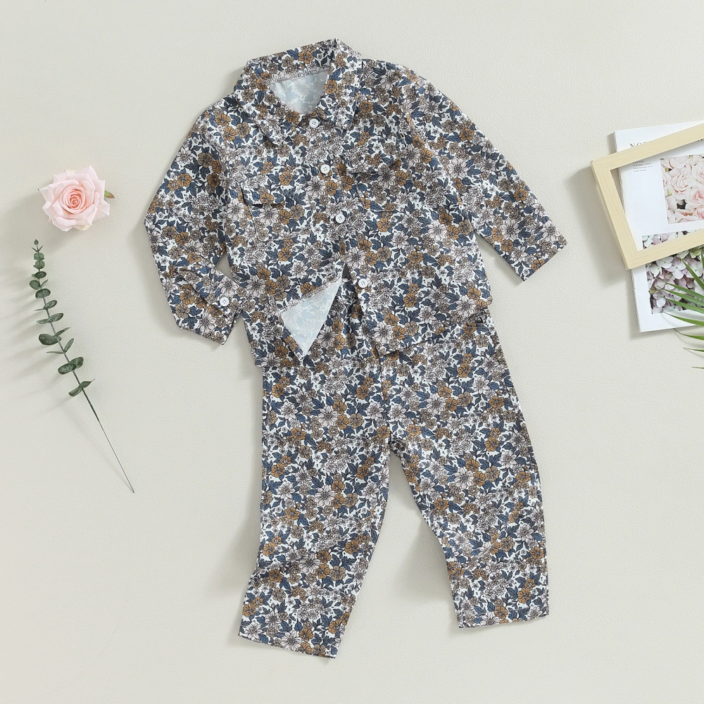 Toddler Girls 2PCS Pants Sets Long Sleeve Button Down Shirt Tops Floral Pants Sets