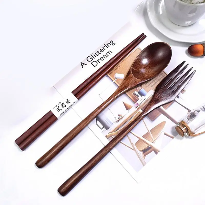 3pcs/set Wooden Cutlery Set Kitchen Dinning Spoon Chopsticks Fork Wood Flatware