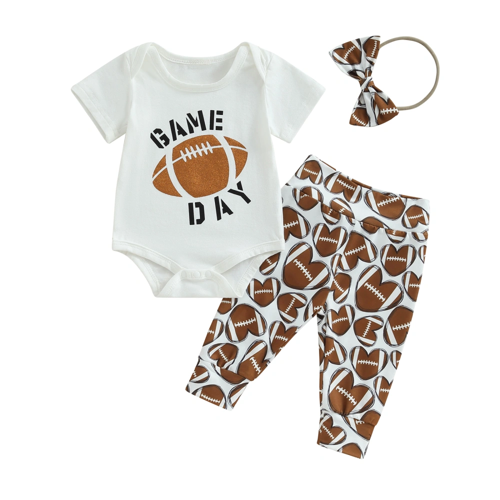 Baby Girls Summer Outfit, Short Sleeve Letters Rugby Print Romper with Heart Print Pants and Headband