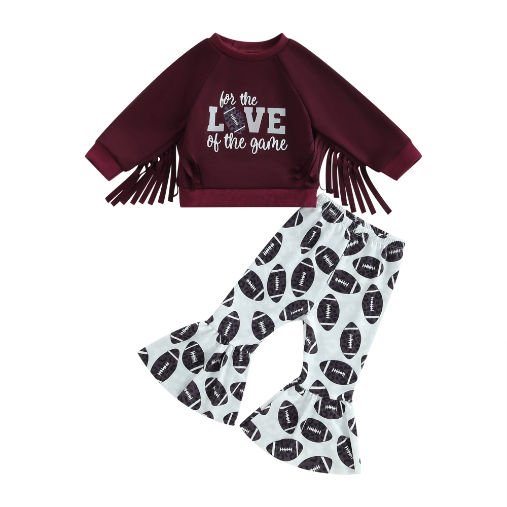 Kids Girls Fall Outfits Rugby Print Long Sleeve Sweatshirt with Tassels and Casual Elastic Flare Pants Set