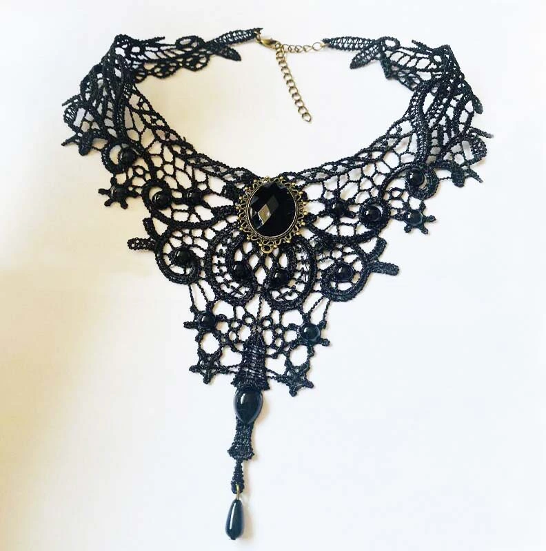 DELYSIA KING Vintage Gemstone Black Lace Beads Choker Gothic Steampunk Style Gothic Collar Necklace