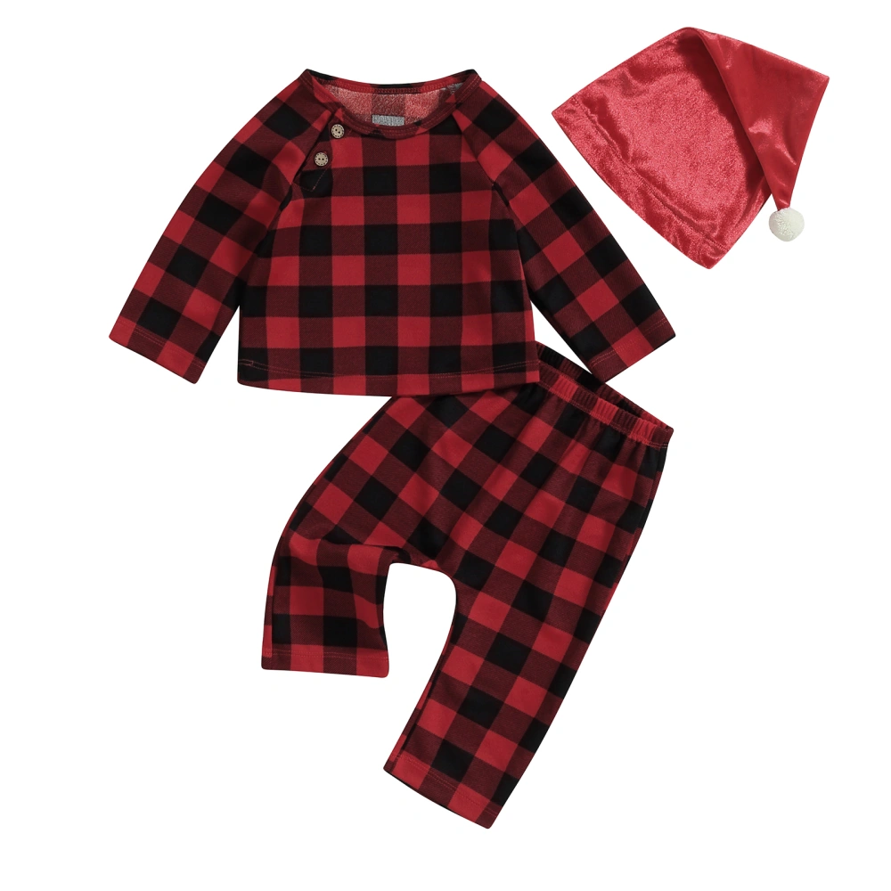 Infant Baby Christmas Clothes Plaid Print Long Sleeve Round Neck Tops Pants Hat Set Fall 3Pcs Outfit