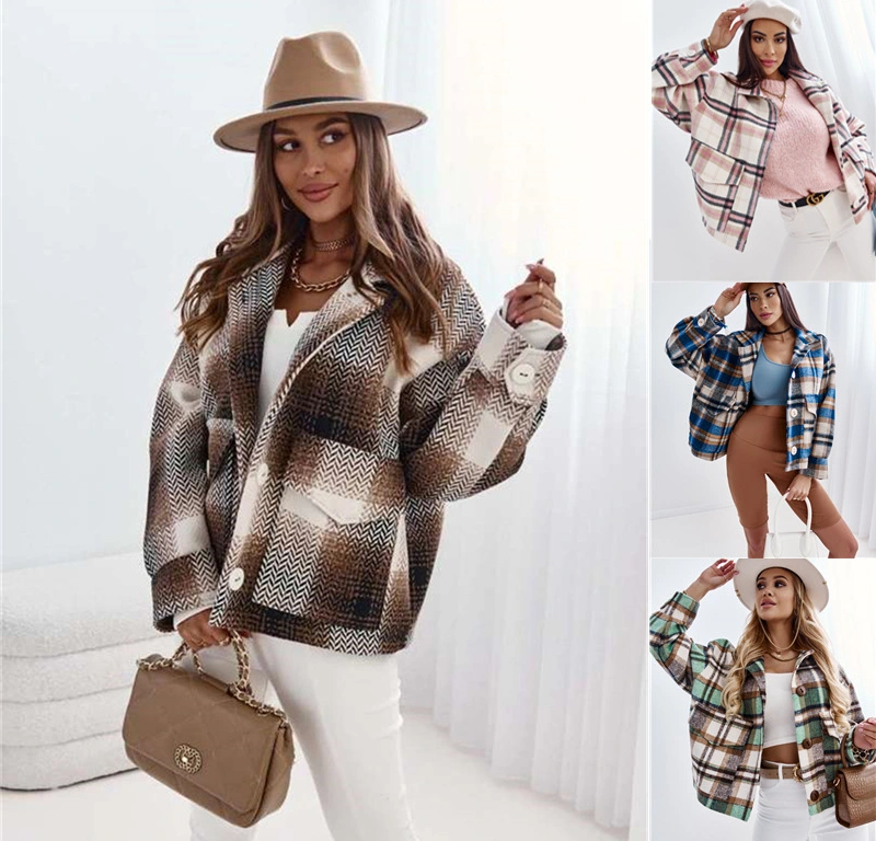 Women's Brushed Plaid Shirts Long Sleeve Flannel Lapel Button Down Pocketed Shacket Jacket Coats