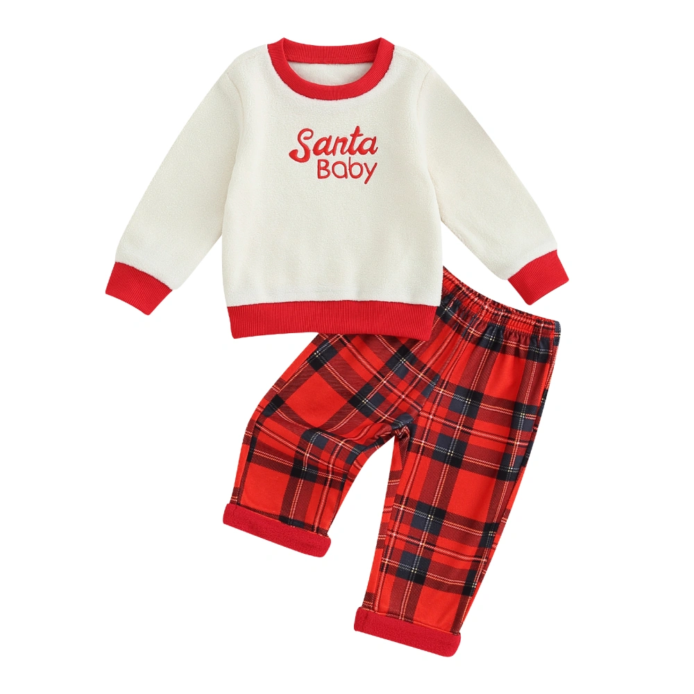 Baby Girls 2-piece Outfit, Long Sleeve Embroidery Letters Sweatshirt with Plaid Pants Christmas Clothes