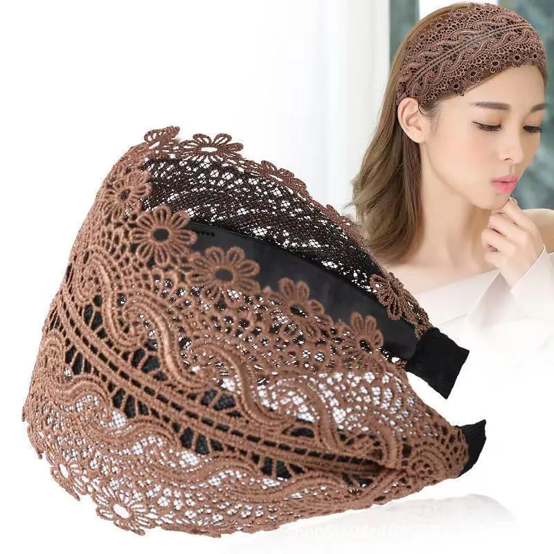 Women's Decorative Pattern Lace Wide Hair Band Girl's Fashion Stretchy Wide Lace Headband Turban Headwrap Bandanas