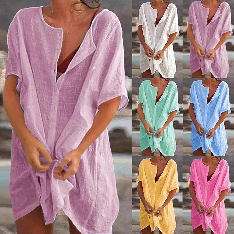 S-8XL Spring Summer Dresses Plus Size Fashion Clothes Women's Casual Short Sleeve Dresses Beach Wear Robe Femme Swimwear Cover-up Linen Dress Loose Blouses Long T-shirt Deep V-neck Solid Color Bikiini Cover-up Dress Mini Party Dress