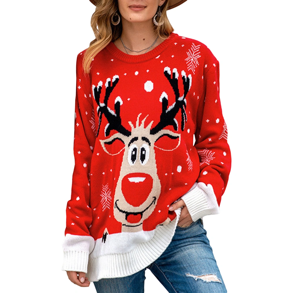 Women's Christmas Cartoon Knitwear Long Sleeve Crewneck Reindeer Print Pullover Sweater