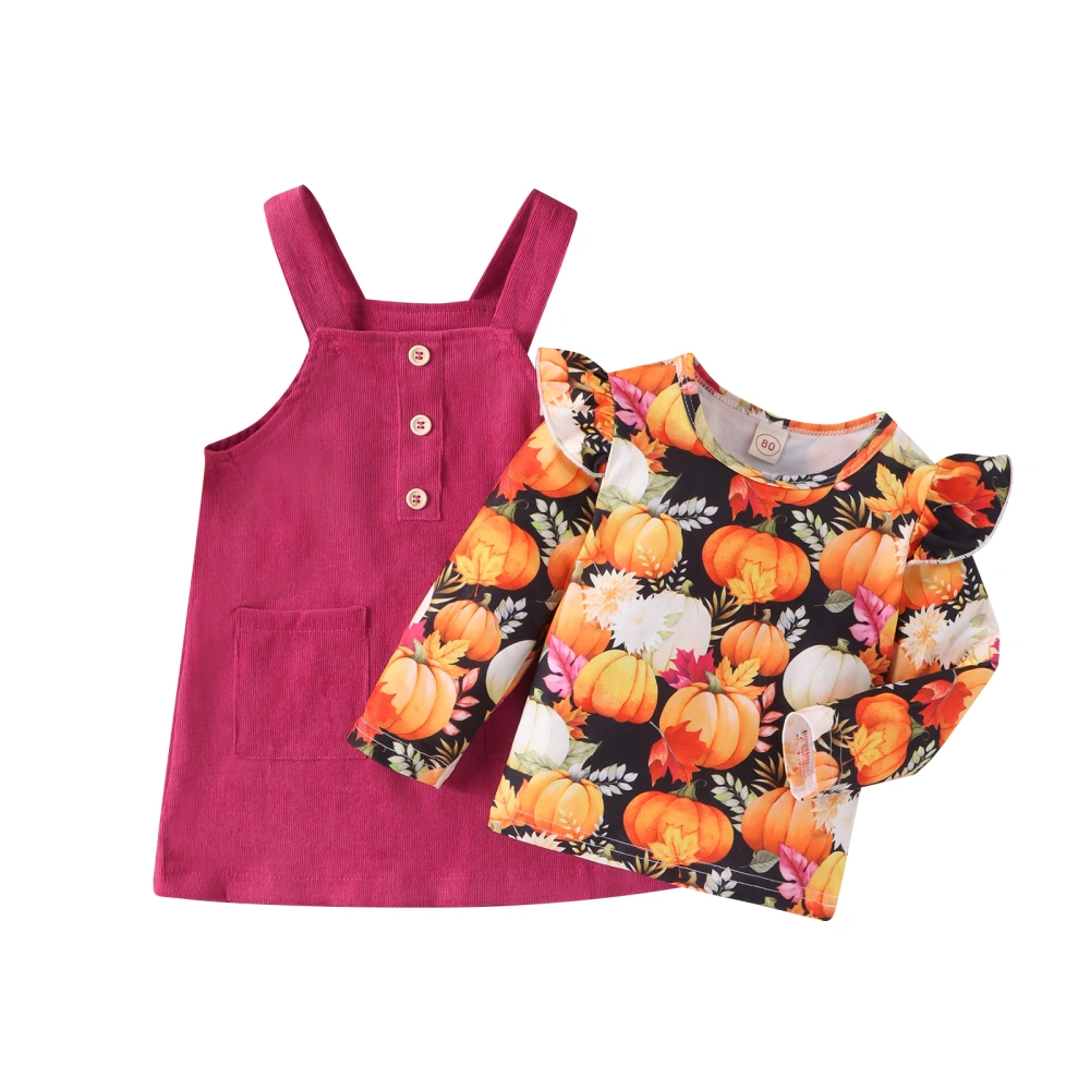 Girls Halloween 2 Piece Outfits Long Sleeve Pumpkin Print Tops Solid Color Button Overall Dress Sets