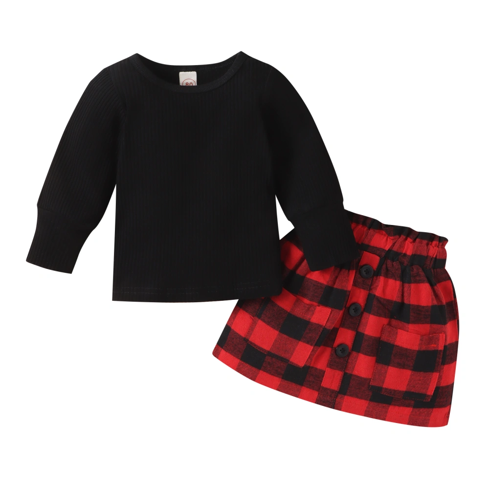 Kids Girls Fall Outfits Solid Color Crew Neck Long Sleeve Rib Knit Tops Plaid Mini Skirts 2Pcs Christmas Clothes Set