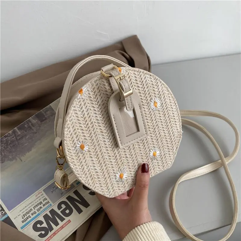 Women's Fashion Straw Bag Woven Handbag Round Shoulder Bag All Match Summer Beach Floral Cross Body Bag