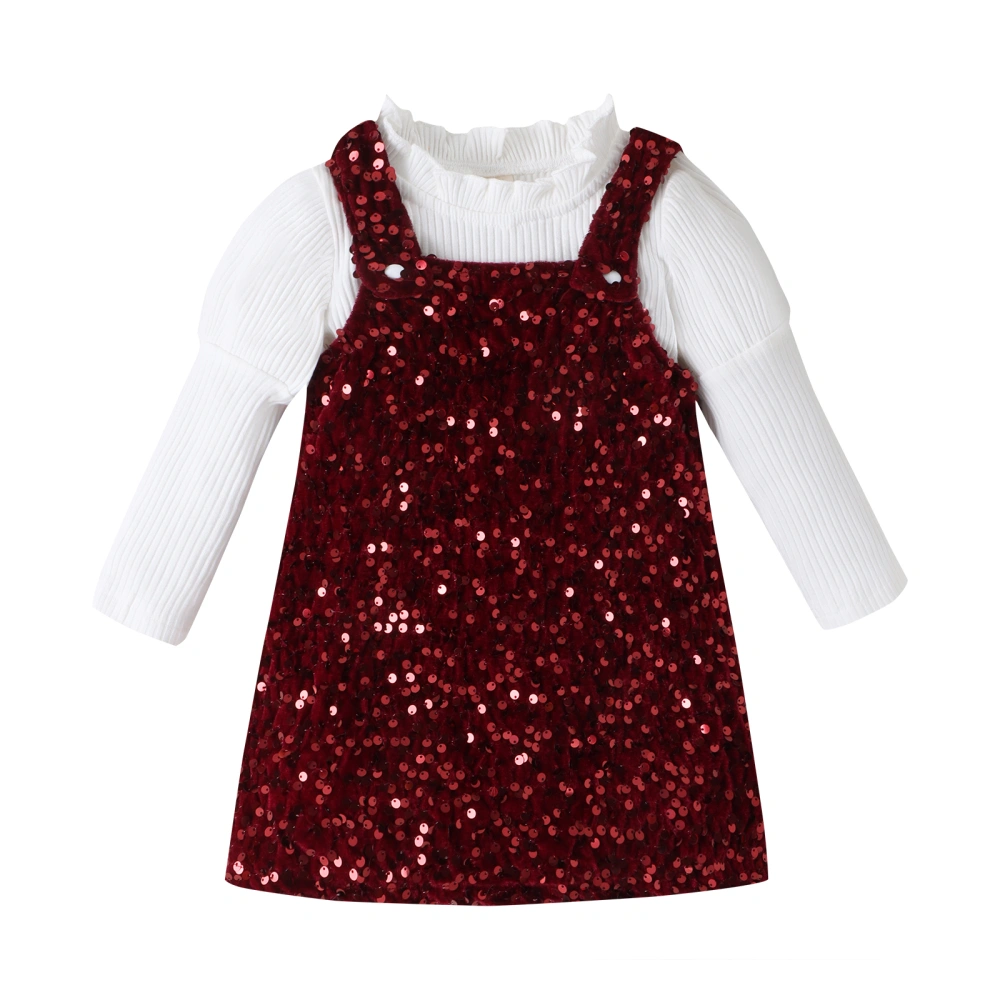 Toddler Girl Christmas Outfit Ribbed Long Sleeve Tops and Sequins Suspender Dress for Toddler Fall 2 Piece Clothes