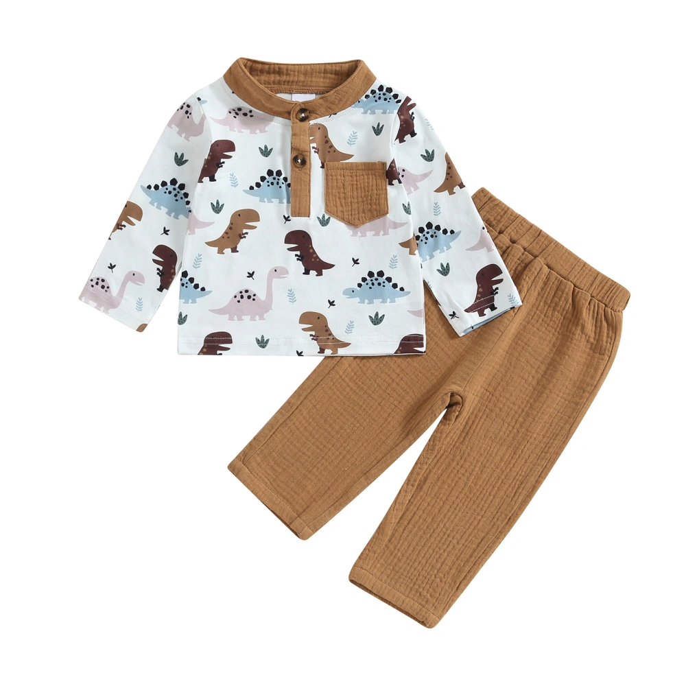 Toddler Boys Fall Outfits Dinosaur Print Buttons Pocket Long Sleeve Tops and Solid Color Long Pants 2Pcs Clothes Set