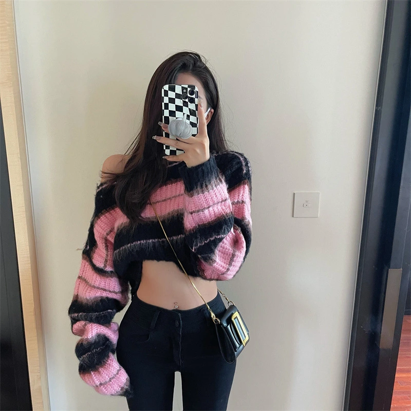 Short Sweater Women's Spring New Style Knitted Sweater Striped Loose Off-the-shoulder Top Fashion Casual Sweater