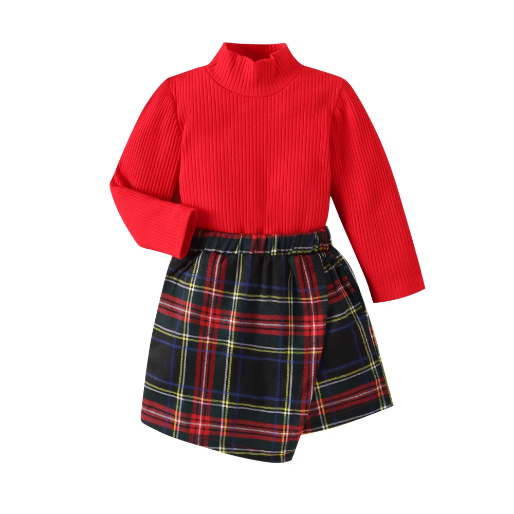 Kids Girl 2 Piece Outfit Christmas Ribbed Long Sleeve Tops and Irregular Plaid Skirt for Toddler Fall Clothes