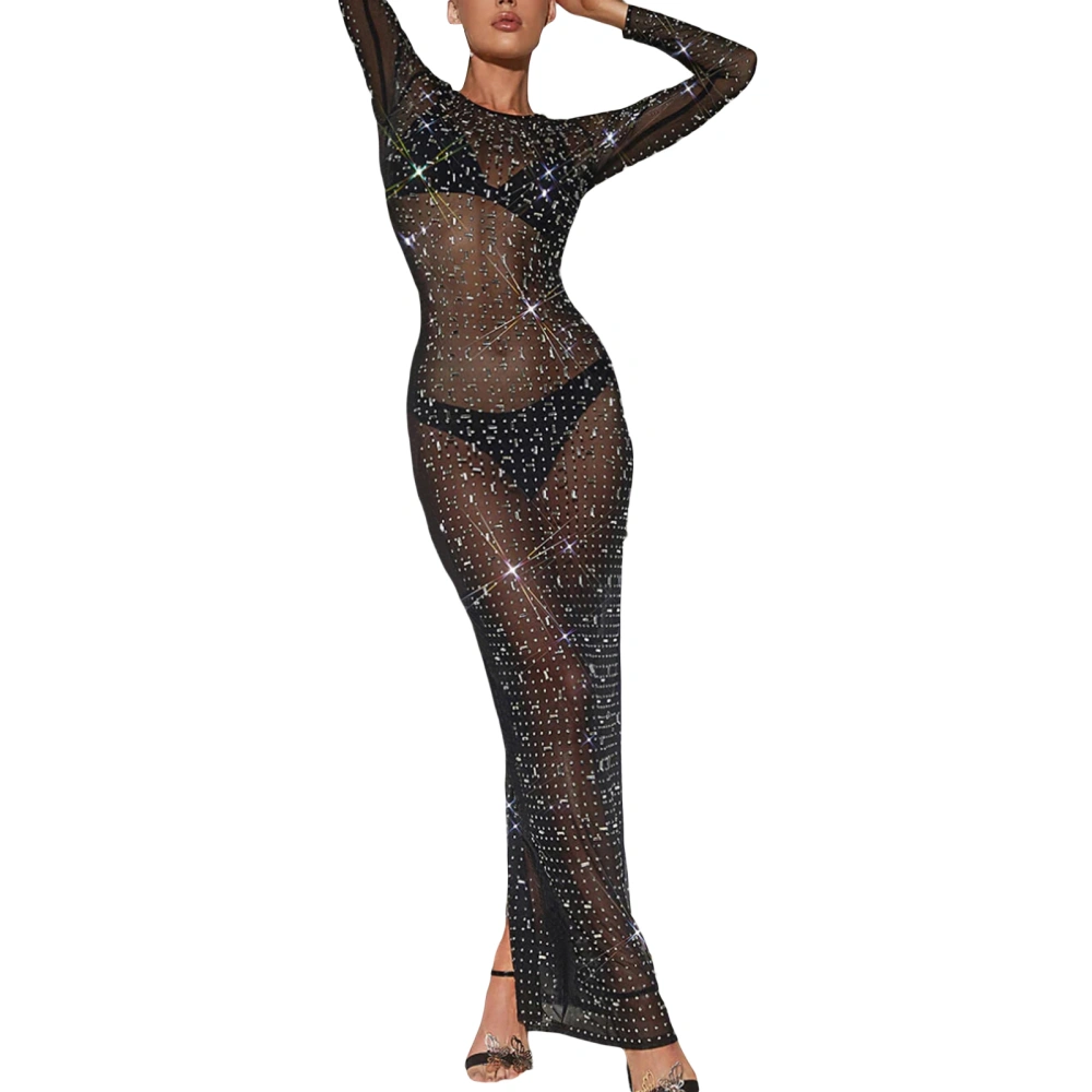 Women's Long Fitted Dress Long Sleeve Cocktail Dress Sheer Rhinestone Clubwear