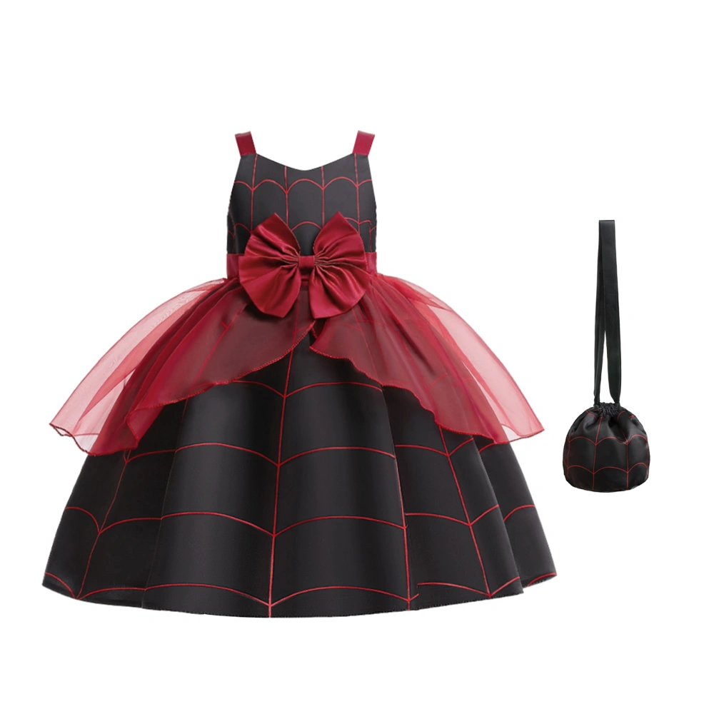 Kids Girls Vampire Costume, Sleeveless Bow Tulle Patchwork Party Dress with Bag Halloween Costume