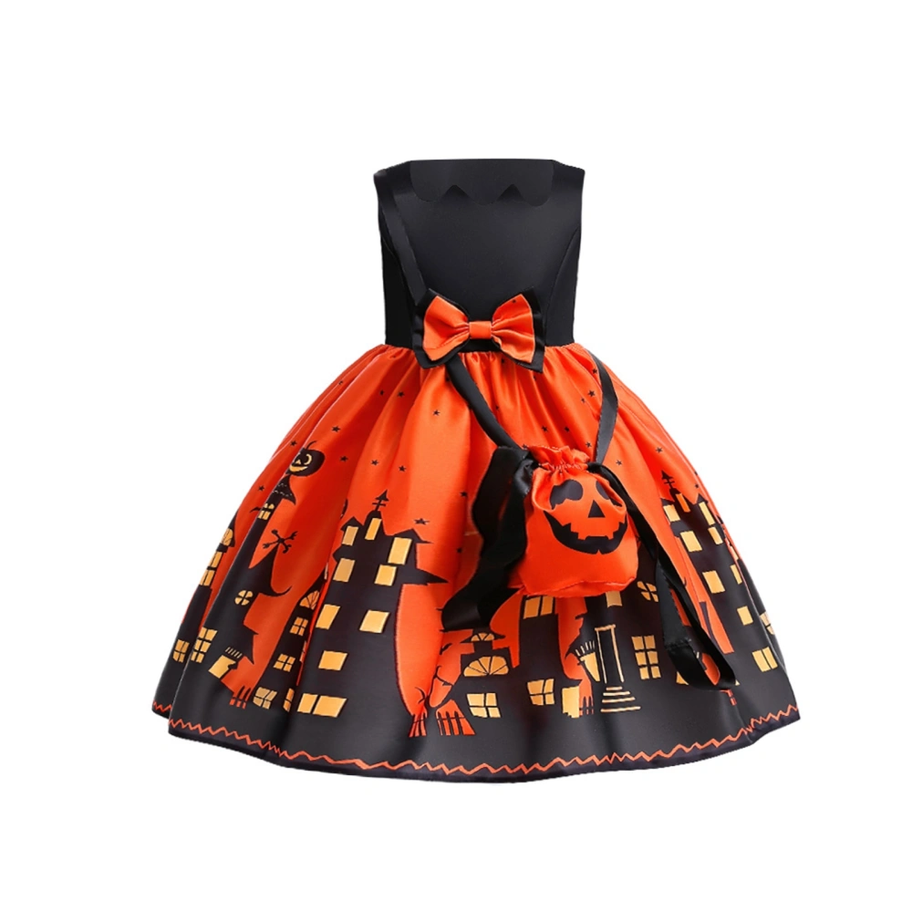 Kids Girls Ball Gown Halloween Castle Print Sleeveless A-Line Princess Dresses and Crossbody Bag for Party