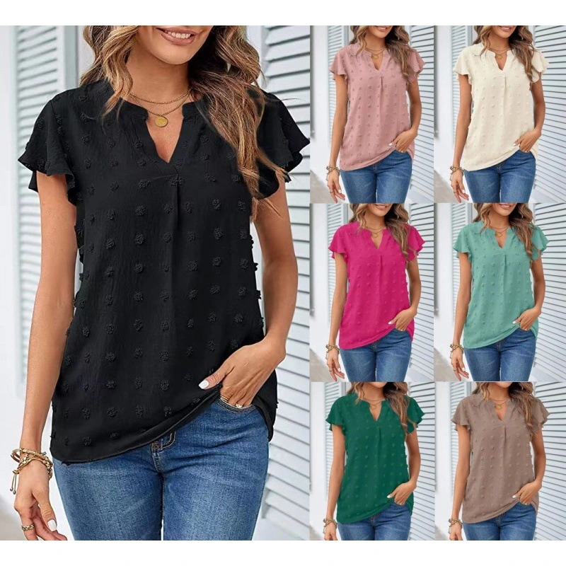 Women's V-Neck Shirts Ruffled Blouse Summer Tops Solid Short Sleeve Loose T-Shirts Casual Sweet Top