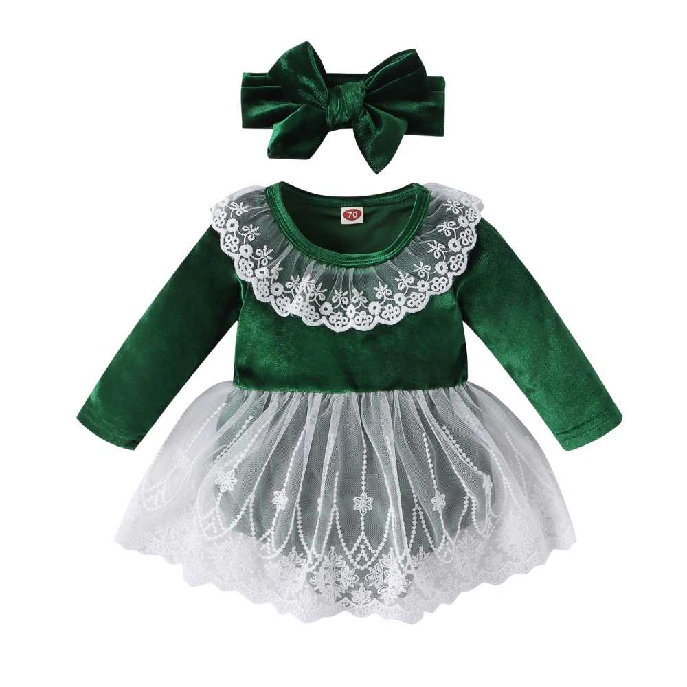 Infant Girl Velvet Rompers Dress Christmas Clothes Lace Patchwork Skirt Hem Jumpsuits Newborn Bodysuits with Headband