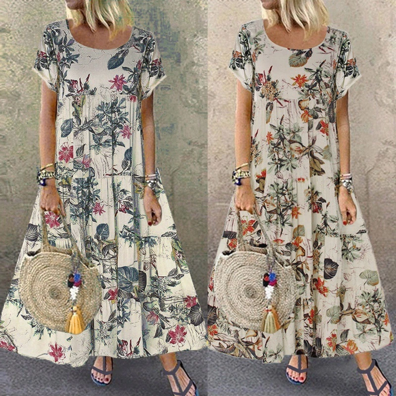 ZANZEA Women Summer Short Sleeved Kaftan Retro Floral Printed Long Dress Plus Size Maxi Dresses