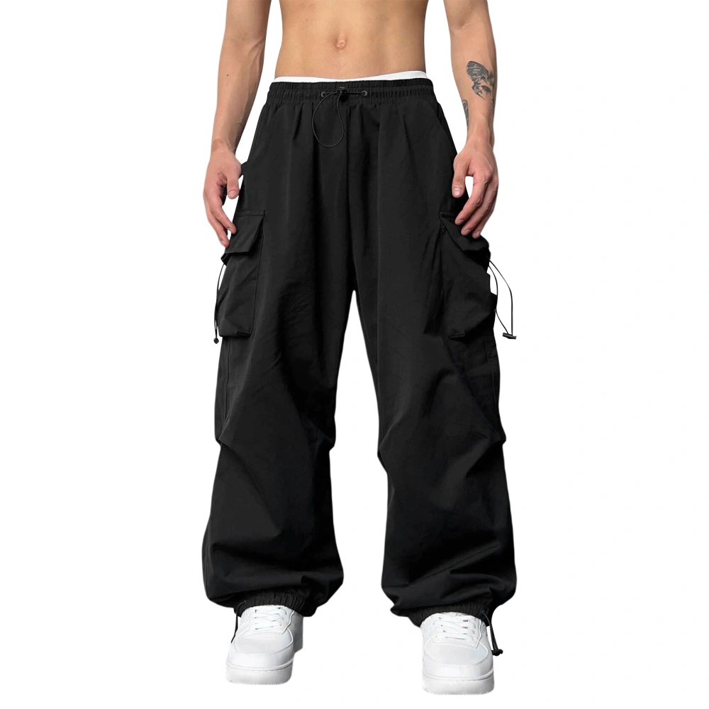 Men Elastic Cargo Pants Solid Color Loose Drawstring Jogger Sweatpants Casual Trousers with Pockets Streetwear