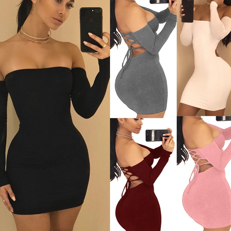 Lace Up Women Off Shoulder Bodycon Backless Bandage Party Short Dress