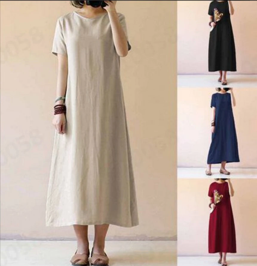 New M-5XL Women's Dress Cotton Linen Short Sleeve Vintage Casual Loose Comfy Solid Dress