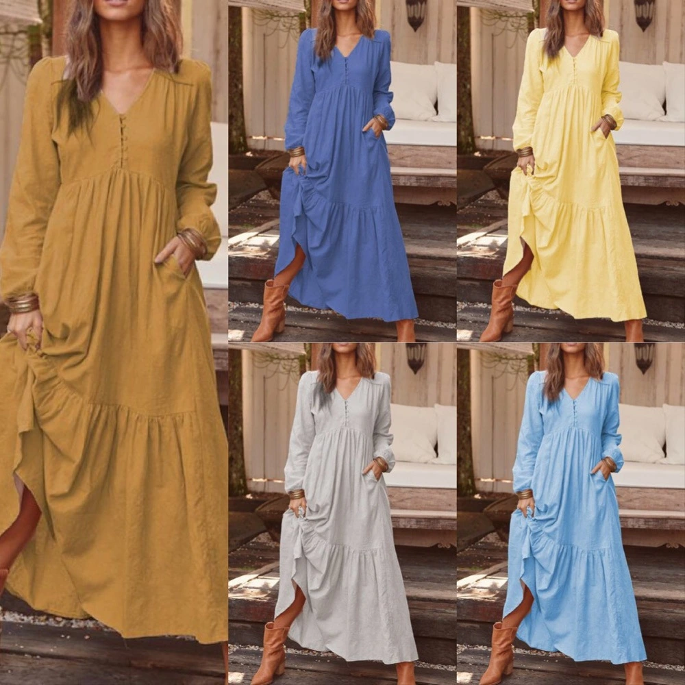 Vintage Dress S-5XL V-neck Buttons Long Sleeve Solid Color Autumn Women Ruffle Tunic Long Dress