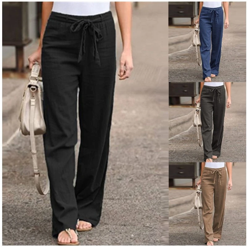 Retro Summer Women Elastic Waist Solid Color Cotton Wide Leg Pants Loose Trousers Hosen Damen