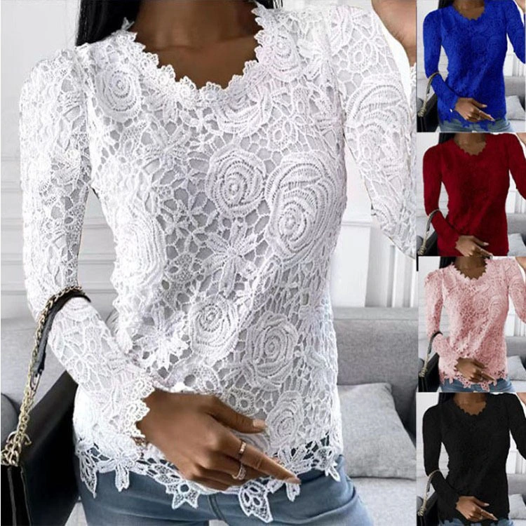 Fashion Women's Lace Round Neck Tops Hollow-out Long Sleeved Shirts Solid Color Fancy Tops Ladies Blouses Soft Women’s Clothing BKus Size XS-5XL