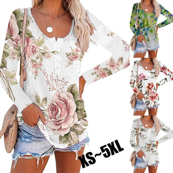 Women's Fashion Autumn and Winter Flower Print Casual Long Sleeve Tops Round-neck Blouses Button Loose T-shirts BKus Size