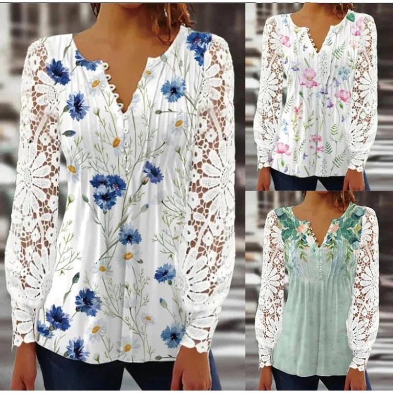 New Style Summer Bottom Shirts Casual Tops Women Lace Long Sleeve Grid Printed V-neck Tops Fashion Slim Spring T-shirt