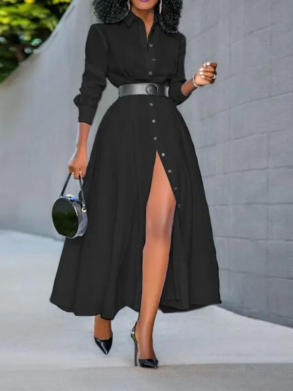 Plus Size Women Buttons Front Shirt Dress Long Sleeve Formal Long Dress Ladies Office Cardigan