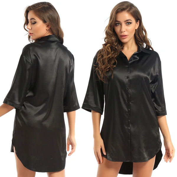 Women's Satin Silk Nightshirt Sleep Shirt Tops Dresses Nightgowns Solid Sleep Lounge Nightdress