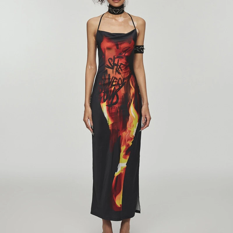 Ladies Flame Printed Backless Halter Neck Long Dress