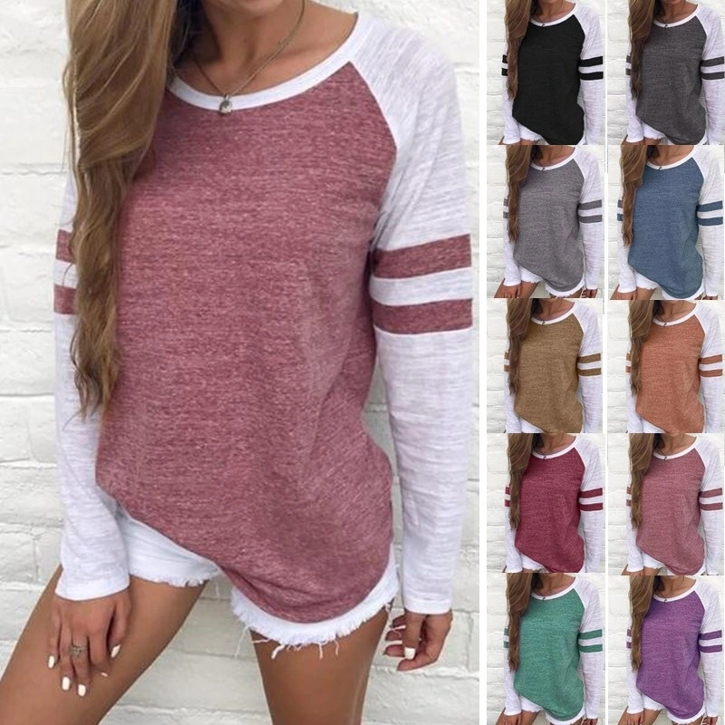 XS-8XL Autumn and Winter Tops Plus Size Fashion Clothes Women's Casual Loose T-shirts Striped Blouses Ladies O-neck Block Color Cotton Pullover Sweatshirts Long Sleeve Tee Shirts