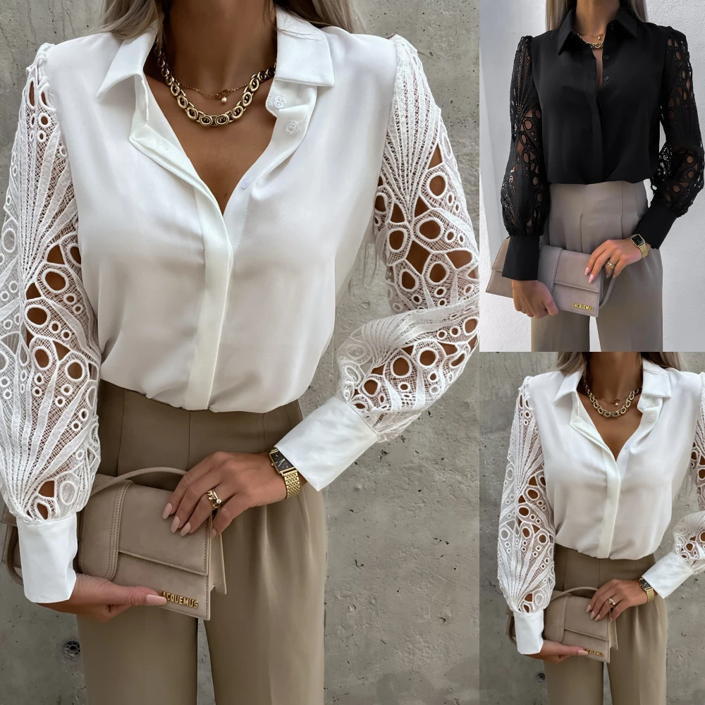 Women Long Sleeve Shirt Lace Stitching Lapel Collar Hollow Out Streetwear Elegant Casual Blouse Plus Size Tops