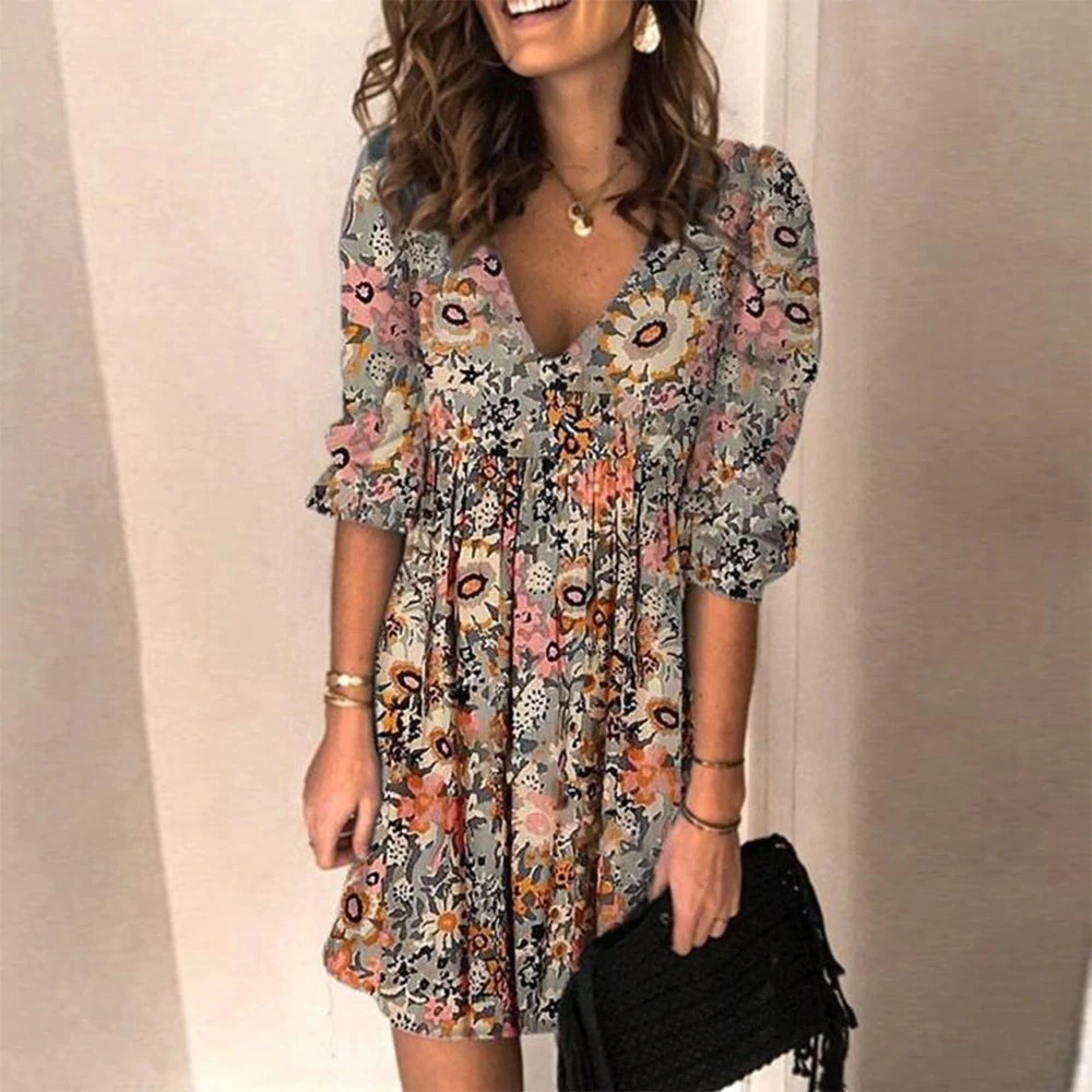 Women's V-neck Printed Loose Midi Dress