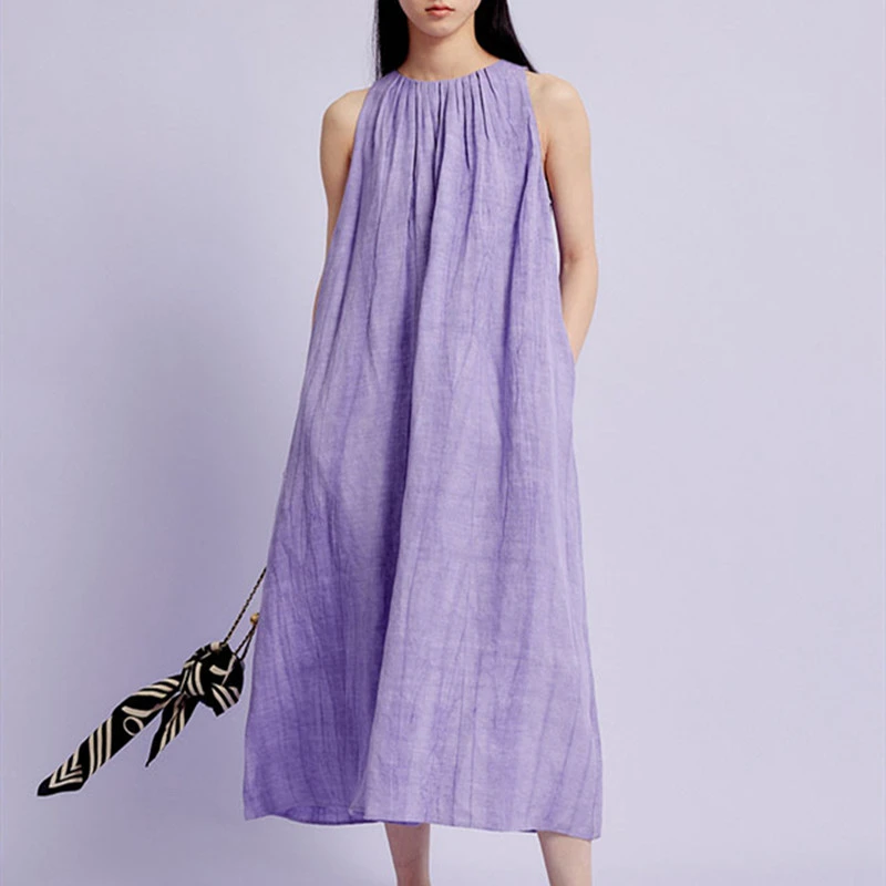 Stand Cut Craft Linen Vest Dress Sleeveless