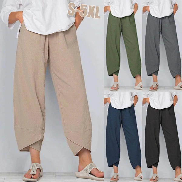 Women’s Fashion Summer Casual Long Pants Solid Color Loose Elastic Waist Cotton Linen Trousers