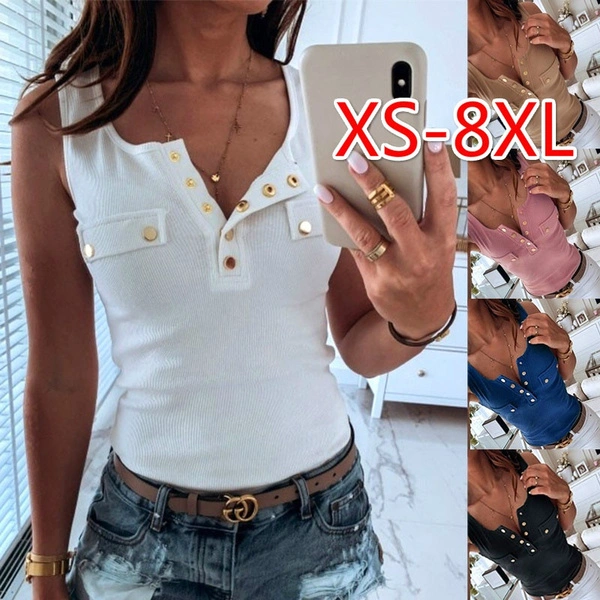 S-5XL Plus Size Fashion Clothes Women's Casual Summer Tops V-neck Button Up Shirts Solid Color Off Shoulder Tops Ladies Blouses Cotton Slim Fit Vest Sleeveless Tank Tops