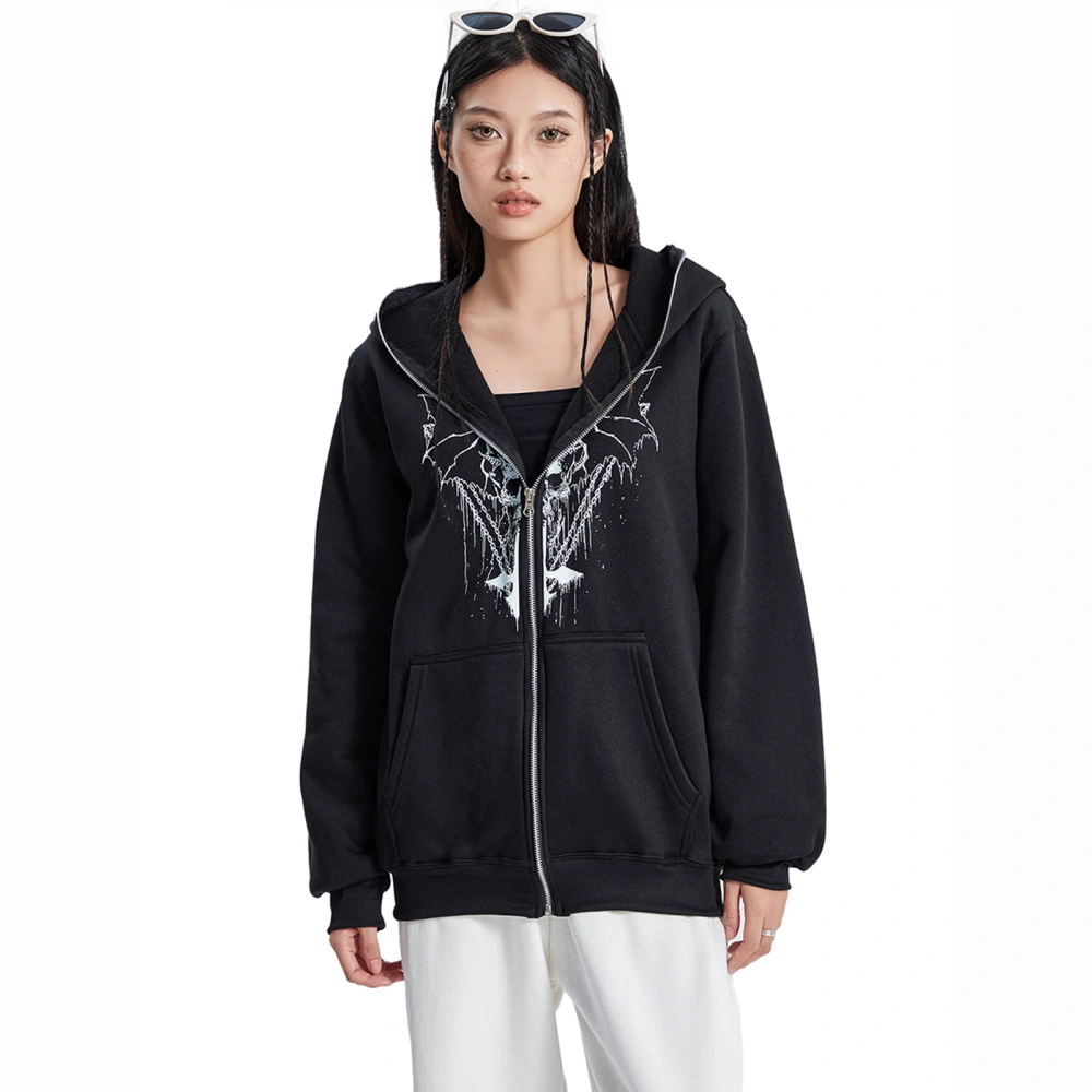 Women's Halloween Casual Hooded Coat Black Long Sleeve Spider Print Zip Up Hoodie