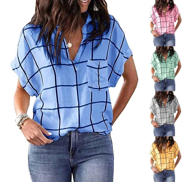 Women's Casual Summer Tops Plus Size Fashion Clothes Short Sleeve Tee Shirts V-neck Blouses Ladies Printed Checked Shirts Turn Down Collar Loose T-shirts