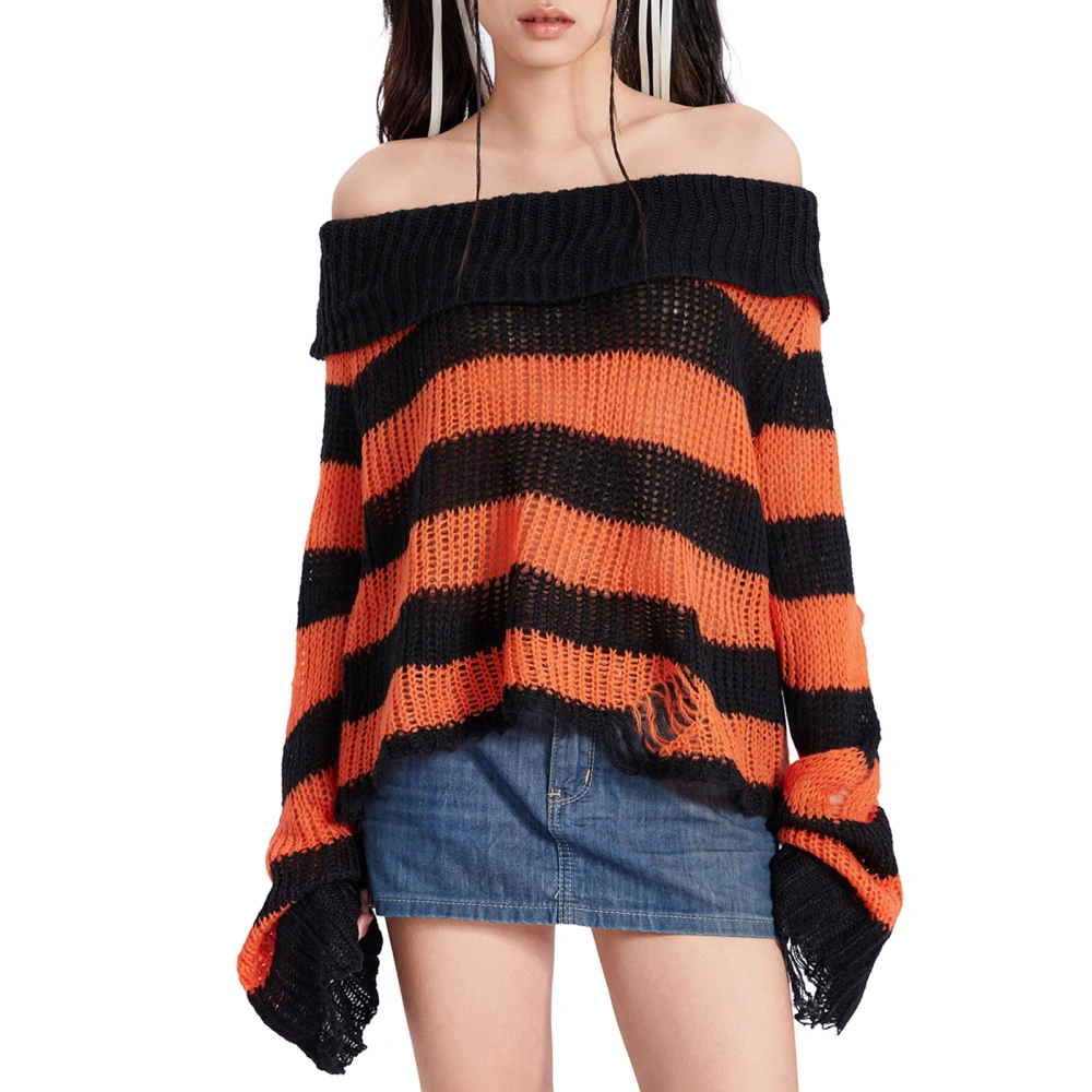 Women's Off Shoulder Knit Tops Stripe Print Ripped Long Sleeve Loose Sweaters Gothic Punk Knitwear