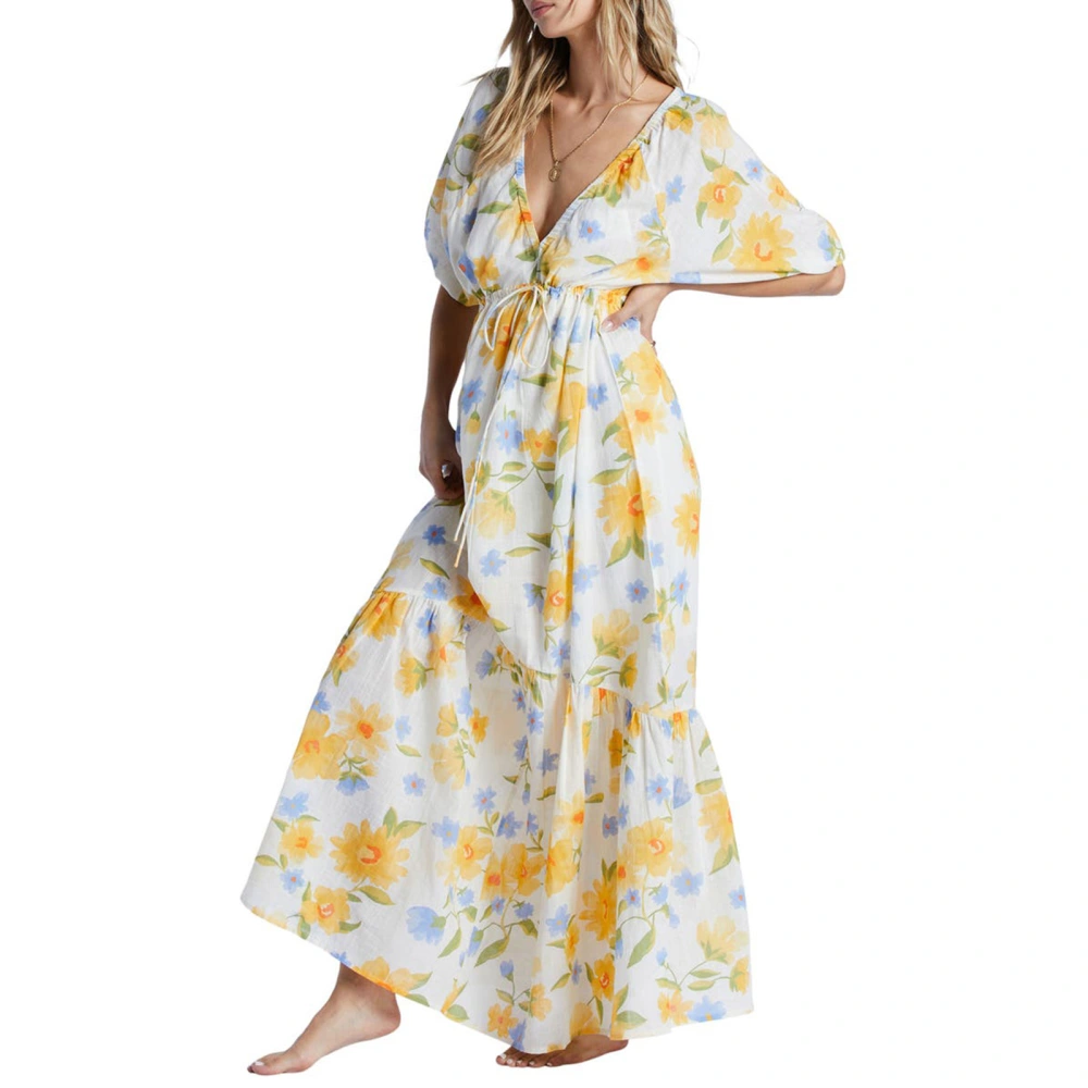 Women Summer Casual Long Dress Flower Print Deep V-Neck Dress