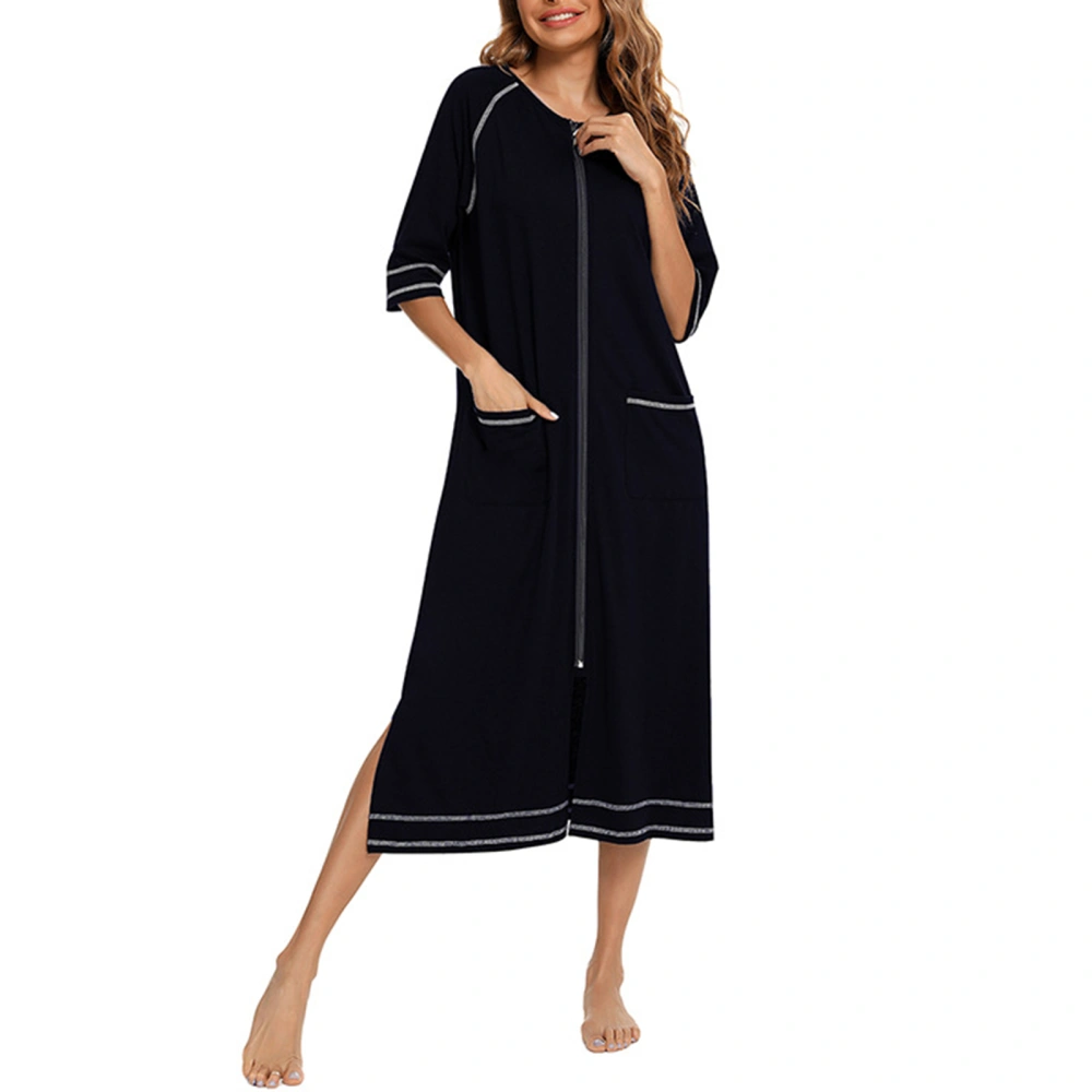 Women Nightdress, Short Sleeve Crew Neck Zip-up Slit Long Dress Sleepwear Loungewear with Pockets